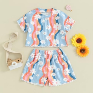 fhutpw Toddler Baby Girls Summer Outfits Daisy Ruffle Short Sleeve T-Shirts Tops Floral Shorts 2Pcs Clothes Set 6M-4T (D Colorful Blue, 4-5 Years)