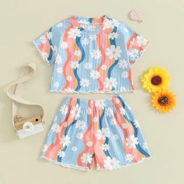 fhutpw Toddler Baby Girls Summer Outfits Daisy Ruffle Short Sleeve T-Shirts Tops Floral Shorts 2Pcs Clothes Set 6M-4T (D Colorful Blue, 4-5 Years)