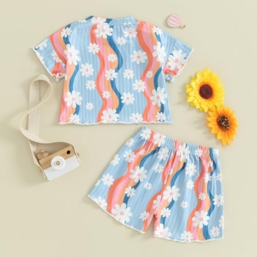 fhutpw Toddler Baby Girls Summer Outfits Daisy Ruffle Short Sleeve T-Shirts Tops Floral Shorts 2Pcs Clothes Set 6M-4T (D Colorful Blue, 4-5 Years)