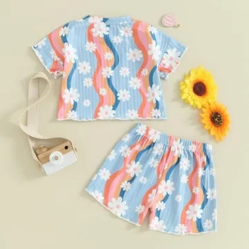 fhutpw Toddler Baby Girls Summer Outfits Daisy Ruffle Short Sleeve T-Shirts Tops Floral Shorts 2Pcs Clothes Set 6M-4T (D Colorful Blue, 4-5 Years)