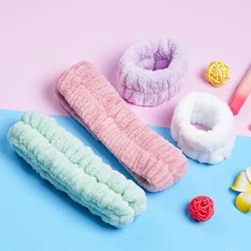 mifengda Hairband, 12 Pieces Soft Microfiber Spa Facial Headband Women Makeup Headband, Wrist Washband for Washing Face Shower Makeup Bath (Pink, White, Green, Purple)