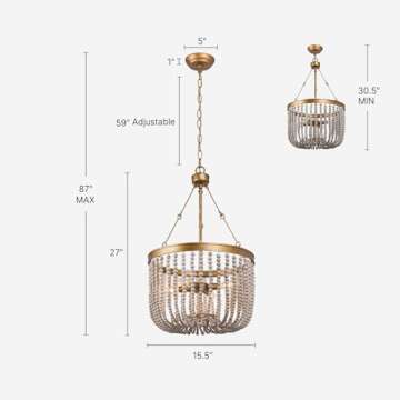 GEPOW Antique Gold Chandelier, Coastal Wood Bead Chandelier, 4-Light Boho Dining Room Hanging Fixtur...