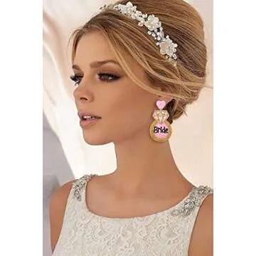 XOCARTIGE Wedding Earrings Beaded Bridal Earrings for Women Diamond Ring Team Bride Drop Dangle Earrings Bridal Shower Bachelorette Party Jewelry Gifts(Pink Bride)