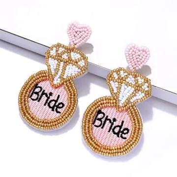 XOCARTIGE Wedding Earrings Beaded Bridal Earrings for Women Diamond Ring Team Bride Drop Dangle Earrings Bridal Shower Bachelorette Party Jewelry Gifts(Pink Bride)