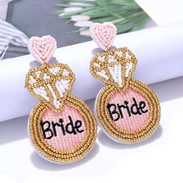 XOCARTIGE Wedding Earrings Beaded Bridal Earrings for Women Diamond Ring Team Bride Drop Dangle Earrings Bridal Shower Bachelorette Party Jewelry Gifts(Pink Bride)