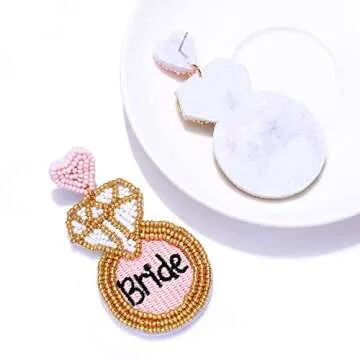XOCARTIGE Wedding Earrings Beaded Bridal Earrings for Women Diamond Ring Team Bride Drop Dangle Earrings Bridal Shower Bachelorette Party Jewelry Gifts(Pink Bride)