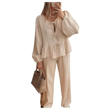 MakeMeChic Women's Two Piece Pajama Set V Neck Tie Front Lantern Sleeve Peplum Top and Pants Sets Co...