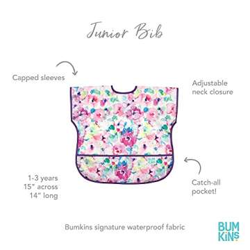 Bumkins Short Sleeve Bib for Girl or Boy, Toddler and Kids for 1-3 Years, Large Size, Essential Must Have for Junior Children, Eating, Mess Saving Soft Fabric Apron for Play, Watercolors Floral