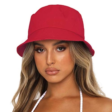 Sydbecs Bucket Hat for Women Men, Reversible Cotton Summer Sun Beach Cap Solid Color Style (Red)