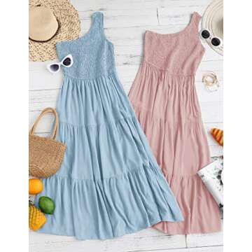 ZESICA Women's 2025 Bohemian Summer Floral Print One Shoulder Sleeveless Smocked Ruffle Tiered Beach Long Midi Dress,SkyBlue,Small