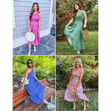 ZESICA Women's 2025 Bohemian Summer Floral Print One Shoulder Sleeveless Smocked Ruffle Tiered Beach Long Midi Dress,SkyBlue,Small