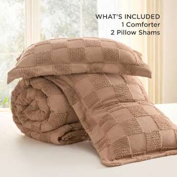 Bedsure King Size Comforter Set Taupe, Boho Tufted Bed Set, Checkered Farmhouse Shabby Chic Bedding, 3 Pieces, 1 Plaid Geometric Comforter and 2 Pillow Shams