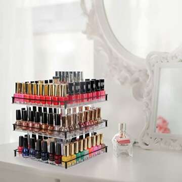 J JACKCUBE DESIGN Nail Polish Organizer, 3 Tier Acrylic 360 Rotating Display Rack Stand Makeup Cosme...