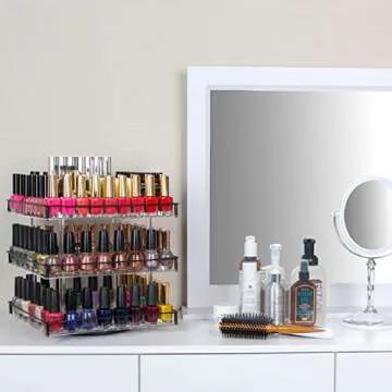 J JACKCUBE DESIGN Nail Polish Organizer, 3 Tier Acrylic 360 Rotating Display Rack Stand Makeup Cosmetics Storage Box Carousel Shelf with Black Iron Guard, Hold Up to 180 – MK302-3