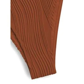 ZAFUL Women's Cutout Bikini Criss Cross Textured Metal High Leg Bikini Sets Cheeky Bikini Two Piece Swimsuit Brown