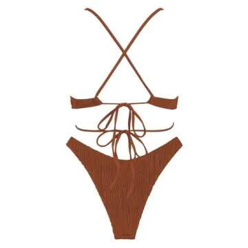 ZAFUL Women's Cutout Bikini Criss Cross Textured Metal High Leg Bikini Sets Cheeky Bikini Two Piece Swimsuit Brown