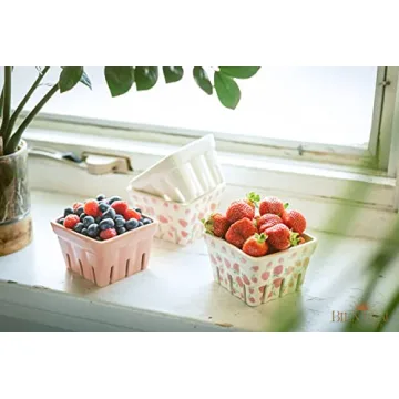 Farmhouse Ceramic Berry Basket, Colander, Strawberry Decor, Fruit Bowls/Baskets, Kawaii Kitchen bowl, Pink White and Cute Strawberry pattern Stoneware Harvest Square Bowls Set of 4