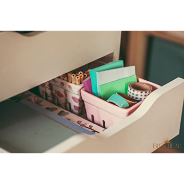 Farmhouse Ceramic Berry Basket, Colander, Strawberry Decor, Fruit Bowls/Baskets, Kawaii Kitchen bowl, Pink White and Cute Strawberry pattern Stoneware Harvest Square Bowls Set of 4