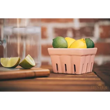 Farmhouse Ceramic Berry Basket, Colander, Strawberry Decor, Fruit Bowls/Baskets, Kawaii Kitchen bowl, Pink White and Cute Strawberry pattern Stoneware Harvest Square Bowls Set of 4