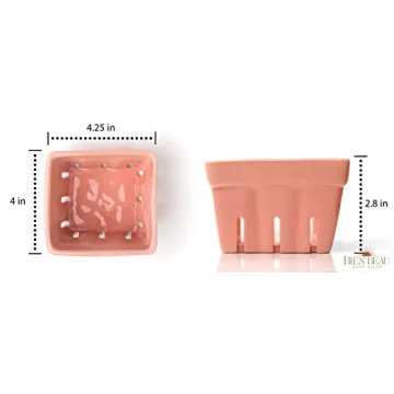 Farmhouse Ceramic Berry Basket, Colander, Strawberry Decor, Fruit Bowls/Baskets, Kawaii Kitchen bowl, Pink White and Cute Strawberry pattern Stoneware Harvest Square Bowls Set of 4