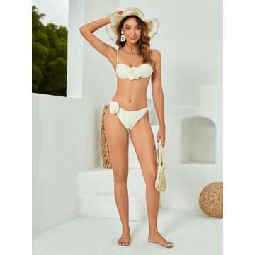 OYOANGLE Women's 2 Piece 3D Rose Bikini Swimsuit Spaghetti Strap High Waisted Bathing Suit Beachwear Beige White Small