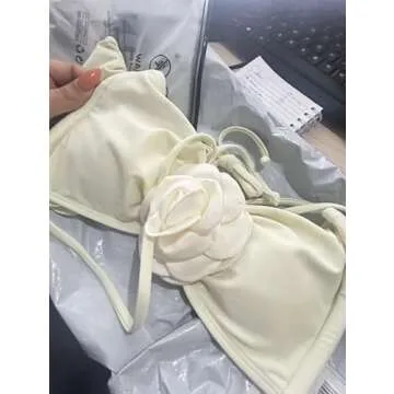 OYOANGLE Women's 2 Piece 3D Rose Bikini Swimsuit Spaghetti Strap High Waisted Bathing Suit Beachwear Beige White Small