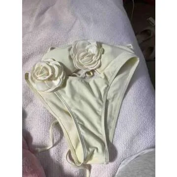 OYOANGLE Women's 2 Piece 3D Rose Bikini Swimsuit Spaghetti Strap High Waisted Bathing Suit Beachwear Beige White Small