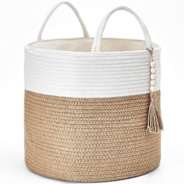 Mkono Woven Storage Basket Decorative Natural Rope Basket Wooden Bead Decoration for Blankets,Toys,C...