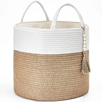 Mkono Woven Storage Basket Decorative Natural Rope Basket Wooden Bead Decoration for Blankets,Toys,C...