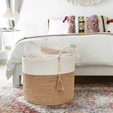 Mkono Woven Storage Basket Decorative Natural Rope Basket Wooden Bead Decoration for Blankets,Toys,Clothes,Shoes,Plant Organizer Bin with Handles Living Room Home Decor, 16"x13",White and Yellow