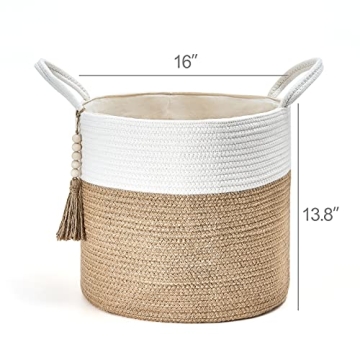 Mkono Woven Storage Basket Decorative Natural Rope Basket Wooden Bead Decoration for Blankets,Toys,Clothes,Shoes,Plant Organizer Bin with Handles Living Room Home Decor, 16"x13",White and Yellow