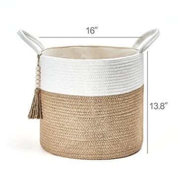 Mkono Woven Storage Basket Decorative Natural Rope Basket Wooden Bead Decoration for Blankets,Toys,Clothes,Shoes,Plant Organizer Bin with Handles Living Room Home Decor, 16"x13",White and Yellow