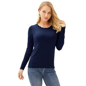 Fall Sweaters for Women 2024 Long Sleeve Crew Neck Work Pullover Top Navy Blue S