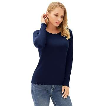 Fall Sweaters for Women 2024 Long Sleeve Crew Neck Work Pullover Top Navy Blue S