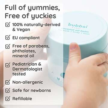 BUBBSI Coconut Baby Oil Balm for Diaper Rash, Eczema, Cradle Cap | 100% Naturally-Derived, Vegan | Light, Natural Scent | Organic Coconut Oil | EU Compliant | Relieves Itchy Skin | (Refillable Jar, 5oz)