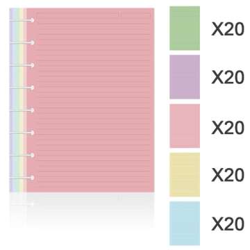 Junior Size TUL Discbound Lined Refill Paper, 8-Disc Disbound Insert, 5 Colors(20 Sheets/Color), Tot...