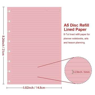 Junior Size TUL Discbound Lined Refill Paper, 8-Disc Disbound Insert, 5 Colors(20 Sheets/Color), Total 100Sheets / 200Pages, 110gsm Thicker Paper, 5.8'' x 8.2''