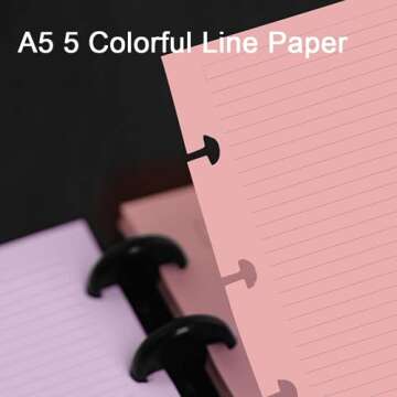 Junior Size TUL Discbound Lined Refill Paper, 8-Disc Disbound Insert, 5 Colors(20 Sheets/Color), Total 100Sheets / 200Pages, 110gsm Thicker Paper, 5.8'' x 8.2''