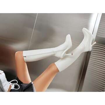 TAEPUSR Platform Knee High Boots for Women, Sexy Stiletto High Heel Knee High Boots with Side Zipper and Round Toe Stretch Boots 6 White