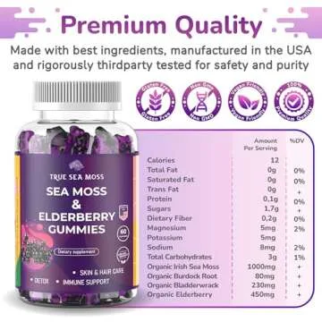TrueSeaMoss Sea Moss Elderberry Gummies with Magnesium, Burdock Root and Bladderwrack – Daily Nutritional Support for Kids and Adults | 60pcs - Bag Pack of 1