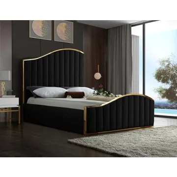 Luxurious Black Velvet King Bed with Gold Frame