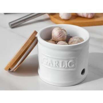ONEMORE Garlic Keeper with Lid, Elegant Ceramic Garlic Saver 4 Inch