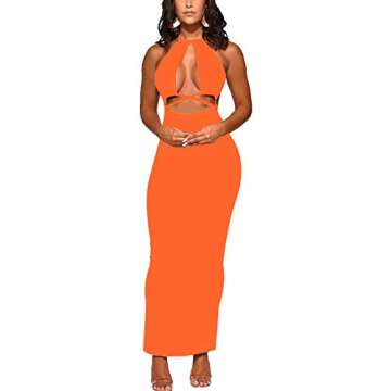 Women's Sexy Two-Piece Maxi Dress Halter Bikini V Neck Sleeveless Summer Beach Party Clubwear Orange 2XL