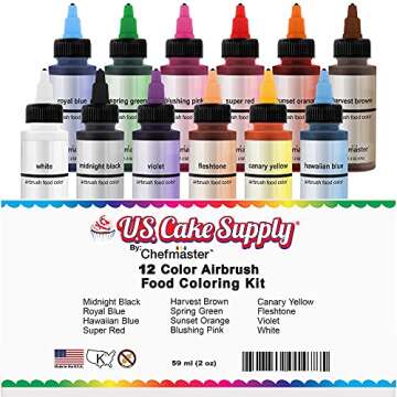 U.S. Cake Supply Airbrush Cake Color Set - 12 Vibrant Colors in 2.0 fl. oz Bottles with Mixing Wheel