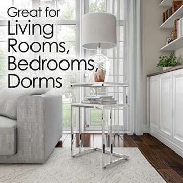 Lavish Home 2-Tier End Table - C-Shaped Sofa Side Table with Two Shelves - Contemporary Chrome Metal Stand - Living Room and Bedside Tables (White)