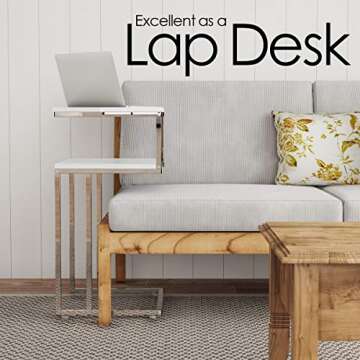 Lavish Home 2-Tier End Table - C-Shaped Sofa Side Table with Two Shelves - Contemporary Chrome Metal Stand - Living Room and Bedside Tables (White)