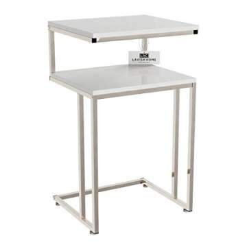 Lavish Home 2-Tier End Table - C-Shaped Sofa Side Table with Two Shelves - Contemporary Chrome Metal Stand - Living Room and Bedside Tables (White)