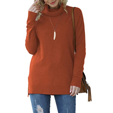 HWOKEFEIYU Women's Turtleneck Sweater Pullover Lightweight Side Split Long Sleeve Sweaters (Orange,S...