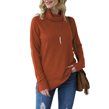 HWOKEFEIYU Women's Turtleneck Sweater Pullover Lightweight Side Split Long Sleeve Sweaters (Orange,Small)