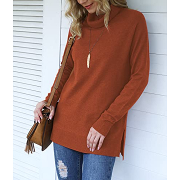 HWOKEFEIYU Women's Turtleneck Sweater Pullover Lightweight Side Split Long Sleeve Sweaters (Orange,Small)